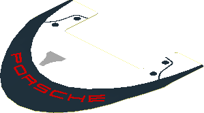 Sticker  2.4 x  3.8 with Black Arc with Red "PORSCHE", Black Rivets and Grey Air Vent on White Background (Formed)