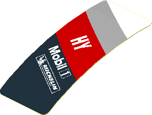 Sticker  1.9 x  0.8 with White Logos in White, Grey and Red Stripes on Black Background Right (Formed)