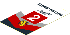 Sticker  3.0 x  1.8 with Porsche Logo in Black, Red and Grey Stripes and White "2" in Red Square on White Background