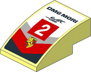 Slope Brick Curved  3 x  2 with Porsche Logo in Black, Red and Grey Stripes and White "2" in Red Square on White Background Sticker