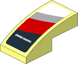 Slope Brick Curved  2 x  1 with Black Trapezoid with White "DMG MORI" and Red Stripe on White Background Right Sticker