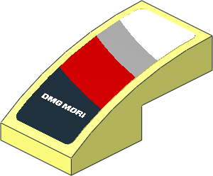 Slope Brick Curved  2 x  1 with Black Trapezoid with White "DMG MORI" and Red Stripe on White Background Left Sticker