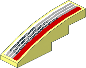 Slope Brick Curved  4 x  1 with Black "PORSCHE INTELLIGENT PERFORMANCE" on Grey Stripes and Red Stripe on White Background Left Sticker