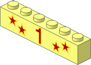 Brick  1 x  6 with Red "1" and Four Stars with Yellow Borders Pattern