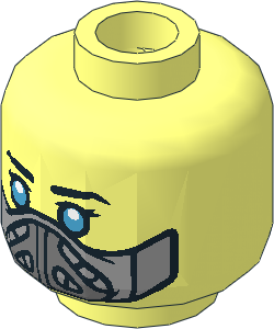 Minifig Head with Black Eyebrows, Dark Azure Eyes, Reddish Brown Lips and Cheek Lines / Silver Mask 2-Sided Pattern