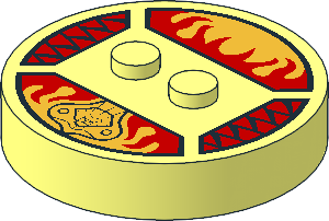 Brick  4 x  4 x  0.667 Round with RFID Tag and 2 Studs with Golden Lion Head and Red Flames Pattern