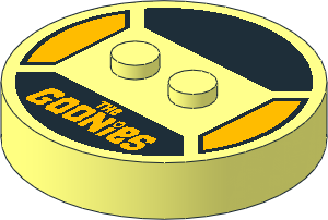 ~Electric Brick  4 x  4 x  0.667 Round - Top with  2 Studs with Bright Light Orange "The Goonies" Pattern