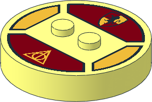 ~Electric Brick  4 x  4 x  0.667 Round - Top with  2 Studs with Hogwarts Gryffindor Crest and Deathly Hallows Symbol Pattern