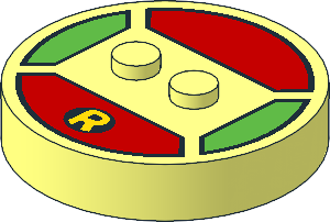 Brick  4 x  4 x  0.667 Round with RFID Tag and  2 Studs with Yellow "R" in Black Oval Pattern