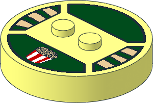 ~Electric Brick  4 x  4 x  0.667 Round - Top with  2 Studs with Red and White Popcorn Bucket and Tan Stripes Pattern