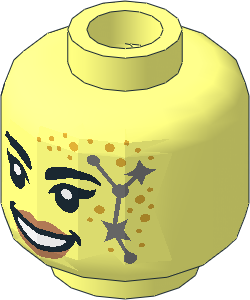 Minifig Head with Black Eyebrows, Nougat Lips, Gold Dots, Silver Star with Constellation Pattern
