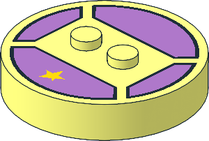 Brick  4 x  4 x  0.667 Round with RFID Tag and  2 Studs with Yellow Star on Medium Lavender Background Pattern