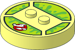 Brick  4 x  4 x  0.667 Round with RFID Tag and  2 Studs with Ghostbusters Logo and Bright Green Smile on Lime Background Pattern