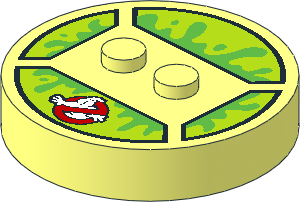 ~Electric Brick  4 x  4 x  0.667 Round - Top with  2 Studs with Ghostbusters Logo and Bright Green Smile on Lime Background Pattern