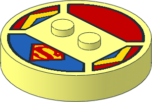 ~Electric Brick  4 x  4 x  0.667 Round - Top with  2 Studs with Superman Logo and Red, Yellow and Blue Stripes Pattern