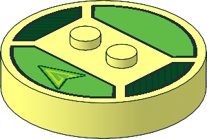 Brick  4 x  4 x  0.667 Round with RFID Tag and  2 Studs with Lime Sylized "G" in Arrowhead Pattern