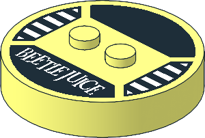 Brick  4 x  4 x  0.667 Round with RFID Tag and  2 Studs with White "BEETLEJUICE" Pattern