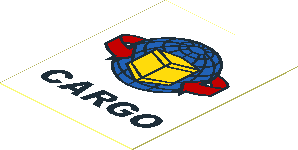 Sticker  2.0 x  1.6 with Blue Globe, Yellow Box and Curved Arrows and Black "CARGO"