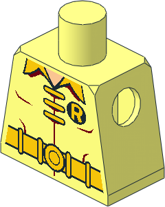 Minifig Torso with  3 Yellow Clasps, Collar, Belt and "R" on Black Oval Pattern