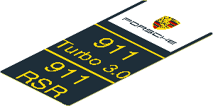 Sticker  3.8 x  1.8 with Porsche Badge in White Square and Yellow Text on Black Background