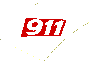 Sticker  1.8 x  1.9 with White 911 in Red Square on White Background (Formed)
