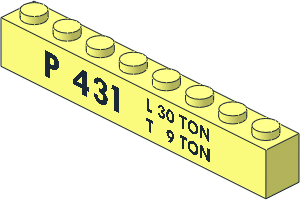 Brick  1 x  8 with Black "P 431" and "L 30 TON" and "T  9 TON" Pattern
