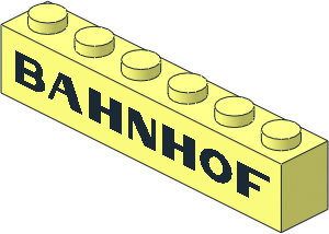 Brick  1 x  6 with Black "BAHNHOF" Sans-Serif Pattern