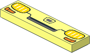 Tile  1 x  4 with Dark Bluish Grey Vehicle Grille and Trapezoidal Logo, and Yellow and Orange Headlights Pattern