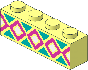 Brick  1 x  4 with White Squares, Dark Turquoise Triangles and Dark Pink Lines Pattern