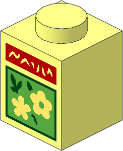 Brick  1 x  1 with Bright Light Yellow Flowers on Bright Green Square and Red Bar with White Text Pattern