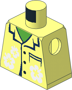 Minifig Torso with Hawaiian Shirt with Black Buttons and White Flowers and Turtle Shell on Back Pattern