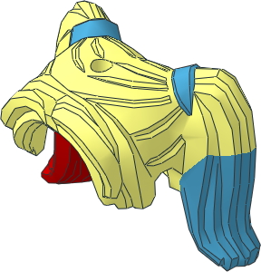 Minifig Hair Female Pigtails High, Long Bangs, Hole on Top with Dark Azure Hair Ties and Dark Azure and Red Tips Pattern