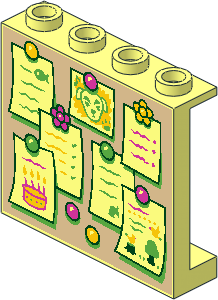 Panel  1 x  4 x  3 with Tan Bulletin Board, Notes with Bright Green, Dark Pink and Yellow Pins Pattern