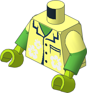 Minifig Torso with Dual Mould Arms and Hands with Hawaiian Shirt with Black Buttons and White Flowers and Turtle Shell on Back Pattern