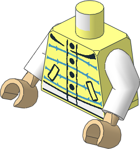 Minifig Torso with Arms and Hands with Vest with Black Pockets and Buttons, Dark Azure Stripes and White Waistband Pattern