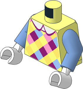 Minifig Torso with Arms and Hands with Bright Pink/Bright Light Blue/Bright Light Yellow Diagonal Checkered Shirt and White Collar Pattern