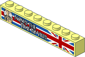 Brick  1 x  8 with Big Ben Tower and White "NOW'S THE TIME TO VISIT" on United Kingdom Flag Background Sticker