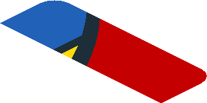 ~Sticker  0.8 x  1.9 with Blue and Yellow Trapezoid on Red Background Left - First Face