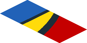 ~Sticker  0.8 x  1.9 with Blue and Yellow Trapezoid on Red Background Left - Second Face