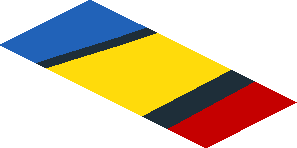 ~Sticker  0.8 x  1.9 with Blue and Yellow Trapezoid on Red Background Left - Fourth Face