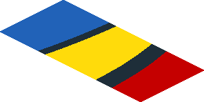 ~Sticker  0.8 x  1.9 with Blue and Yellow Trapezoid on Red Background Left - Third Face