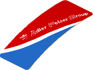 Sticker  0.8 x  1.9 with White Adler Pelzer Logo and Blue Triangle on Red Background Right (Formed)