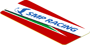 Sticker  0.8 x  1.9 with Blue SMP Racing Logo in White Stripe on Red Background Left