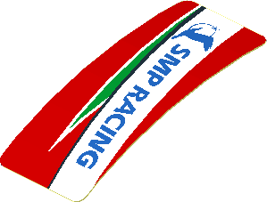 Sticker  0.8 x  1.9 with Blue SMP Racing Logo in White Stripe on Red Background Left (Formed)