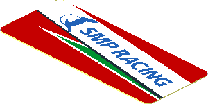 Sticker  0.8 x  1.9 with Blue SMP Racing Logo in White Stripe on Red Background Right