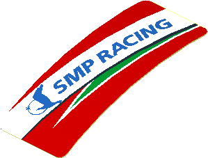 Sticker  0.8 x  1.9 with Blue SMP Racing Logo in White Stripe on Red Background Right (Formed)