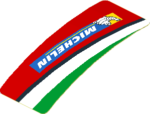 Sticker  0.8 x  1.9 with Michelin Logo and Green Triangle on Red Background Right (Formed)