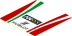 Sticker  1.9 x  1.8 with Logos and Tricolor Stripe on Red Background