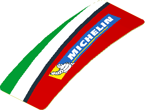 Sticker  0.8 x  1.9 with Michelin Logo and Green Triangle on Red Background Left (Formed)