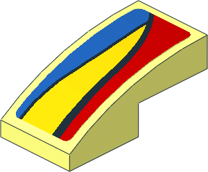 Slope Brick Curved  2 x  1 with Blue and Yellow Trapezoid on Red Background Left Sticker